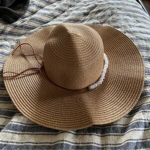Elegant Tan Sun Hat with White Bead Accent